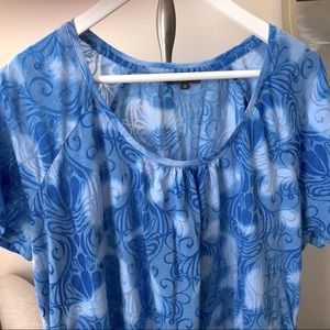 3/$30 Semi-Sheer Blue Tropical Camouflage Print T-Shirt Top Ombre Tie Dye Ocean